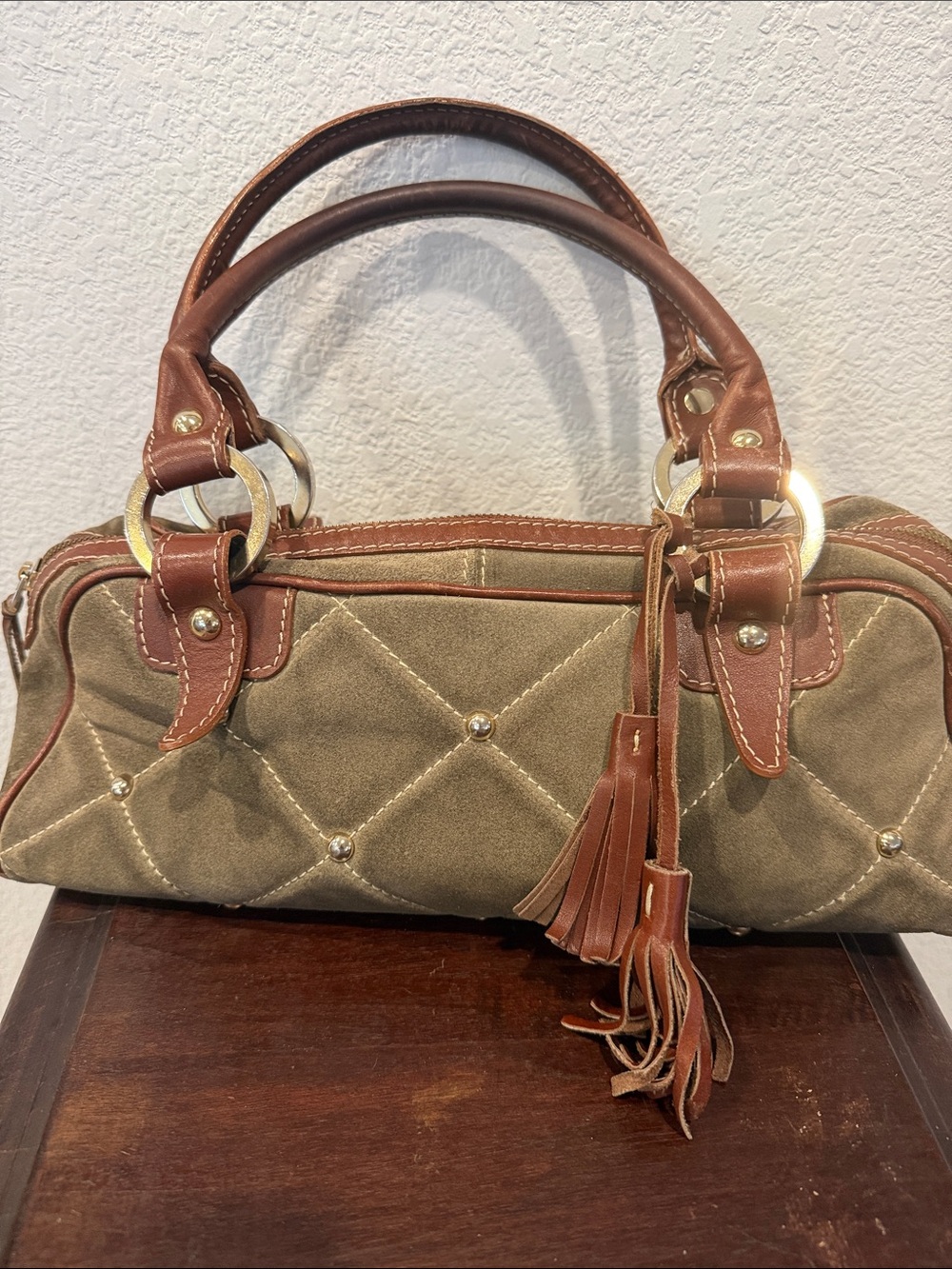 Claudia Firenze Quilted Olive Green Suede Shoulder Bag with Tassel Detail